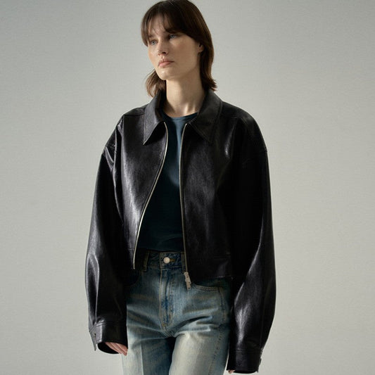 Damen Lederjacke Weit Schnitt Moderner Kragen Schwarz Eveloria - Eveloria