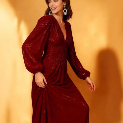 Damen Abendkleid Funkelnder Stoff V-Ausschnitt Eveloria