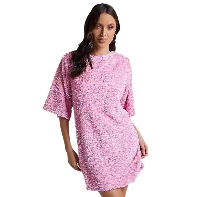 Damen Pailletten-Kleid Lockere Ärmel Rundhalsausschnitt
