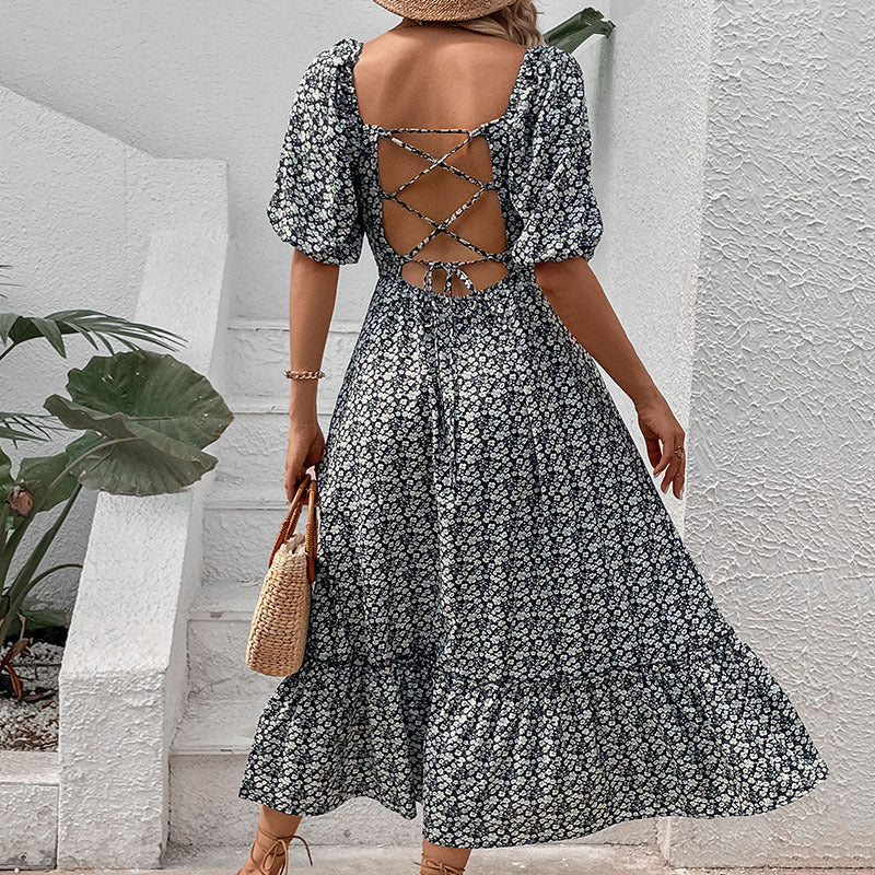 Damen Maxikleid mit Rückenausschnitt und Volumenärmeln Eveloria