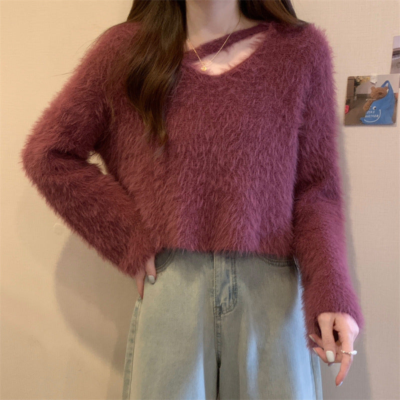 Damen Cropped Pullover Flauschig Weiches Strickmuster Grau