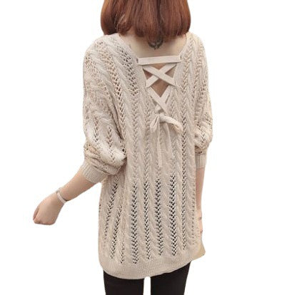 Damen Strickpullover V-Ausschnitt Feine Lochstruktur Grau Eveloria