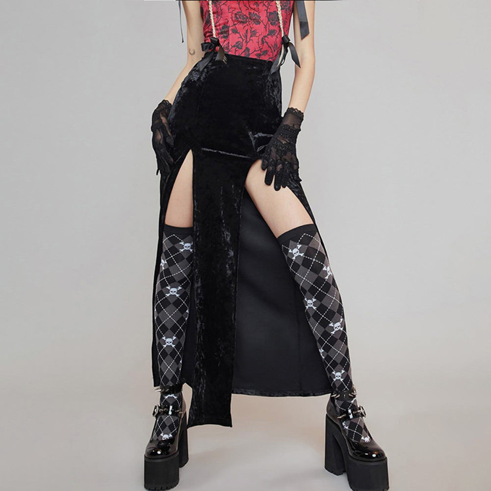 Damen Rippstrickrock Samt SeitenSchlitz Schwarz - Eveloria