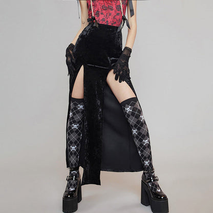 Damen Rippstrickrock Samt SeitenSchlitz Schwarz - Eveloria