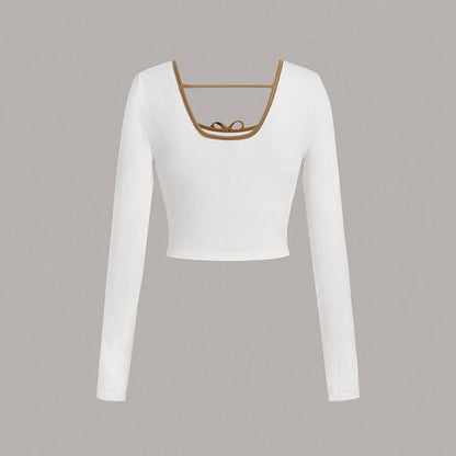Damen Langarmshirt mit Quadrat-Ausschnitt und Knoten-Details