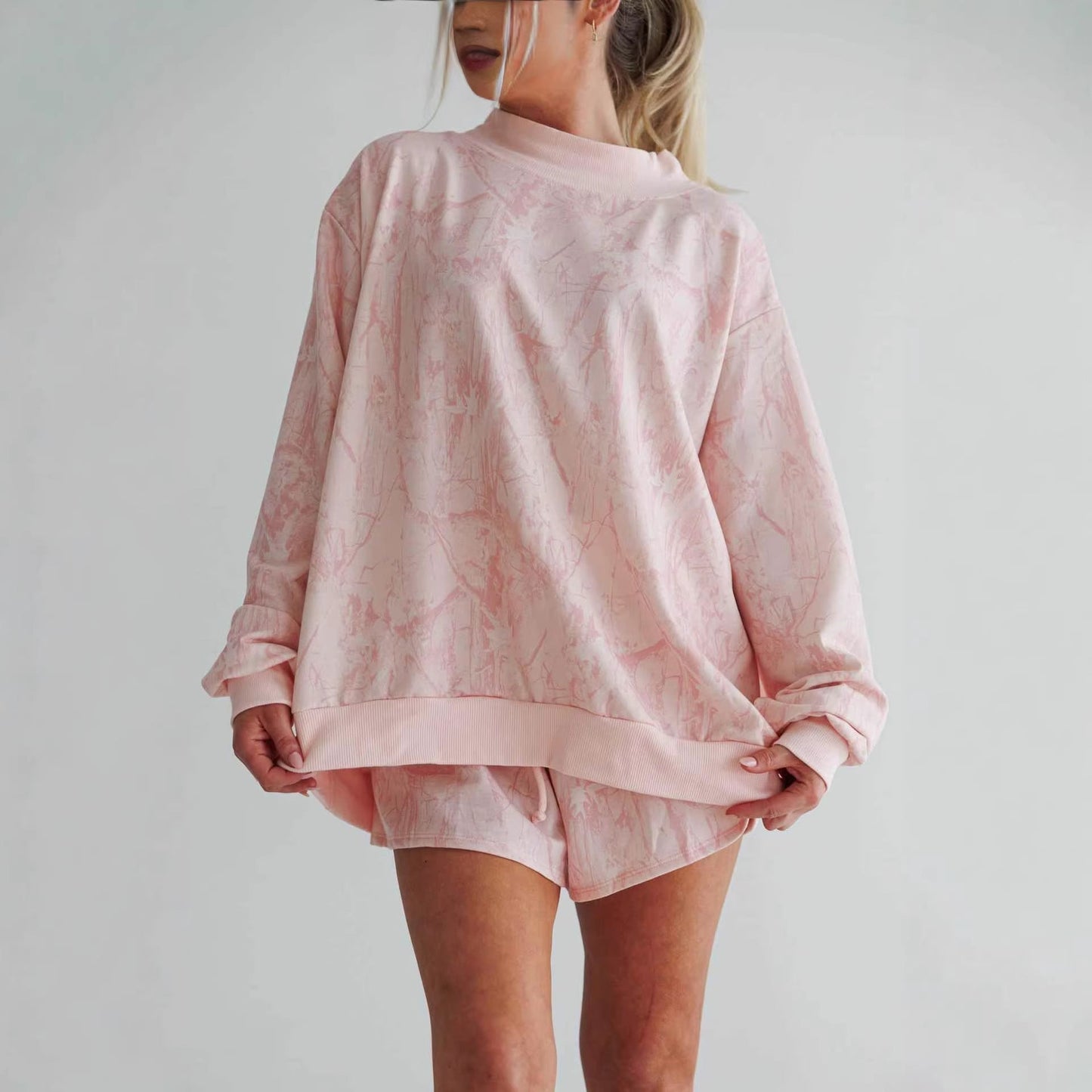 Damen Sweatshirt-Shorts-Anzug Elastisch Hochsteckkragen Grau Eveloria