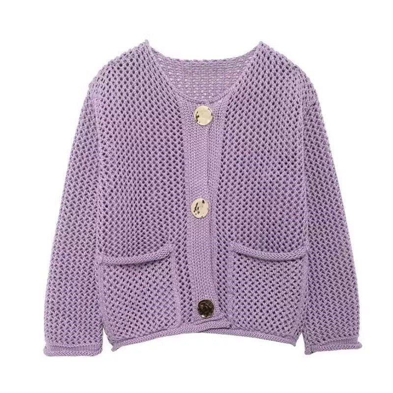 Damen Netzstrickjacke mit Taschen und Knöpfen Eveloria