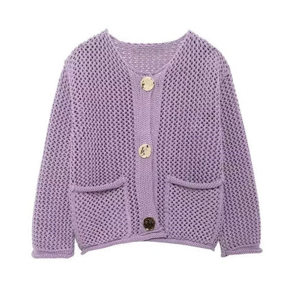 Damen Netzstrickjacke mit Taschen und Knöpfen Eveloria
