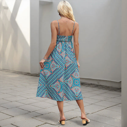 Damen Maxikleid Boho-Muster Spaghetti-Träger Eveloria