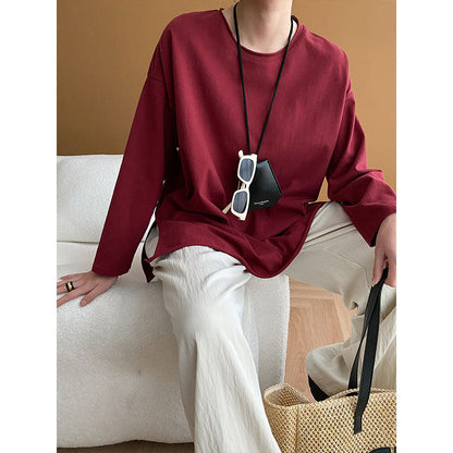 Damen Langarmshirt Weite Passform Baumwolle Beige - Eveloria