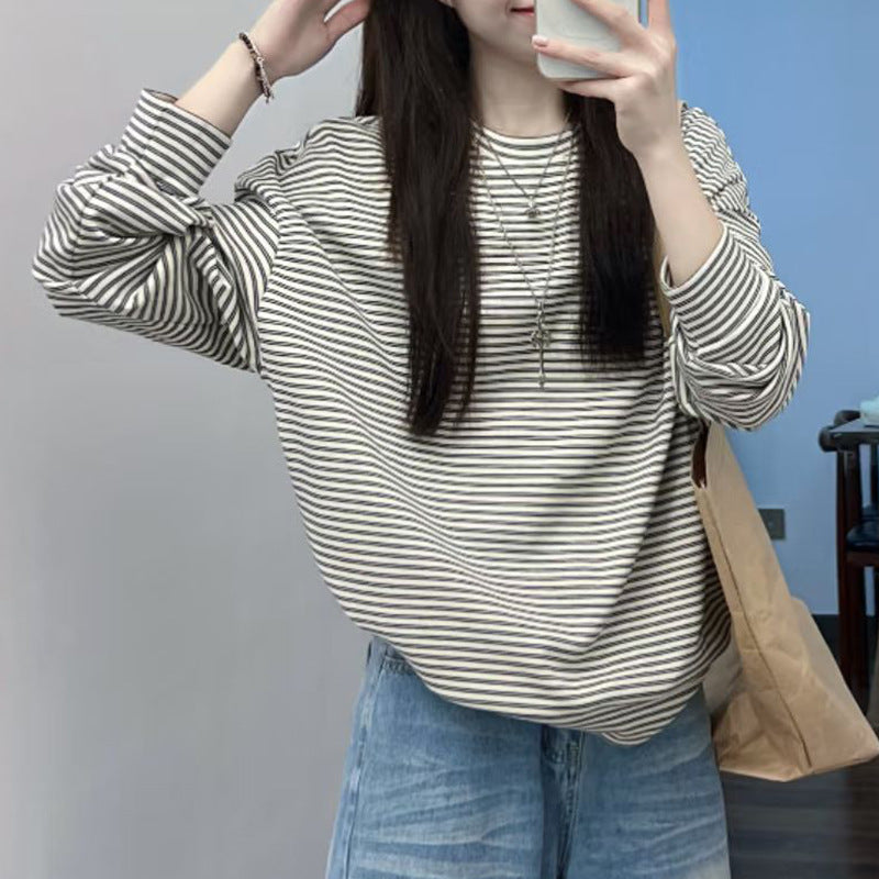Damen Langarmshirt Streifen Baumwolle Relaxed Fit