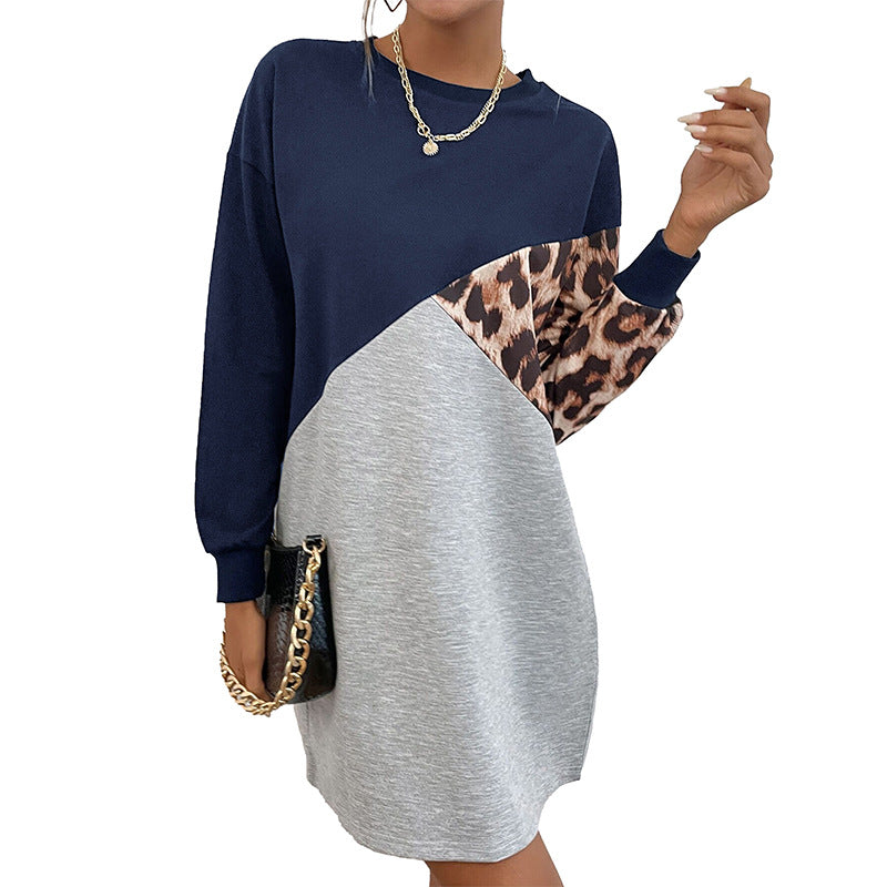 Damen Sweatkleid Tiermuster Farbblock-Design