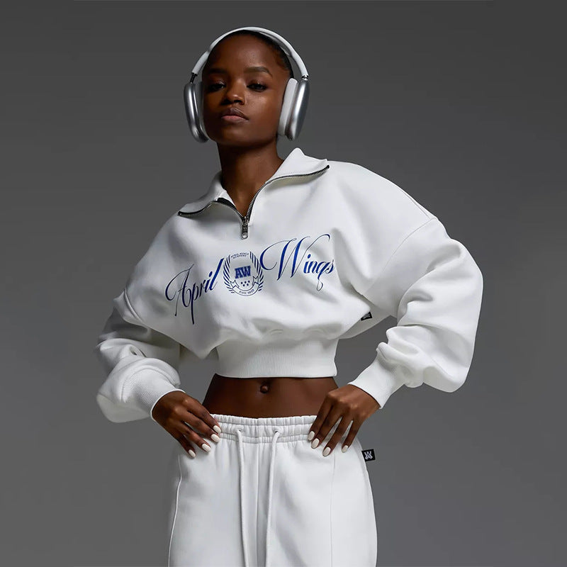 Damen Cropped Sweatshirt Hochkragen Bequem Grau Eveloria