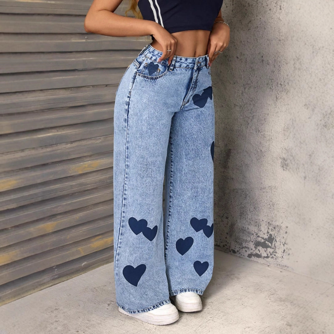 Damen Weite Jeans Herzen-Applikationen Eveloria