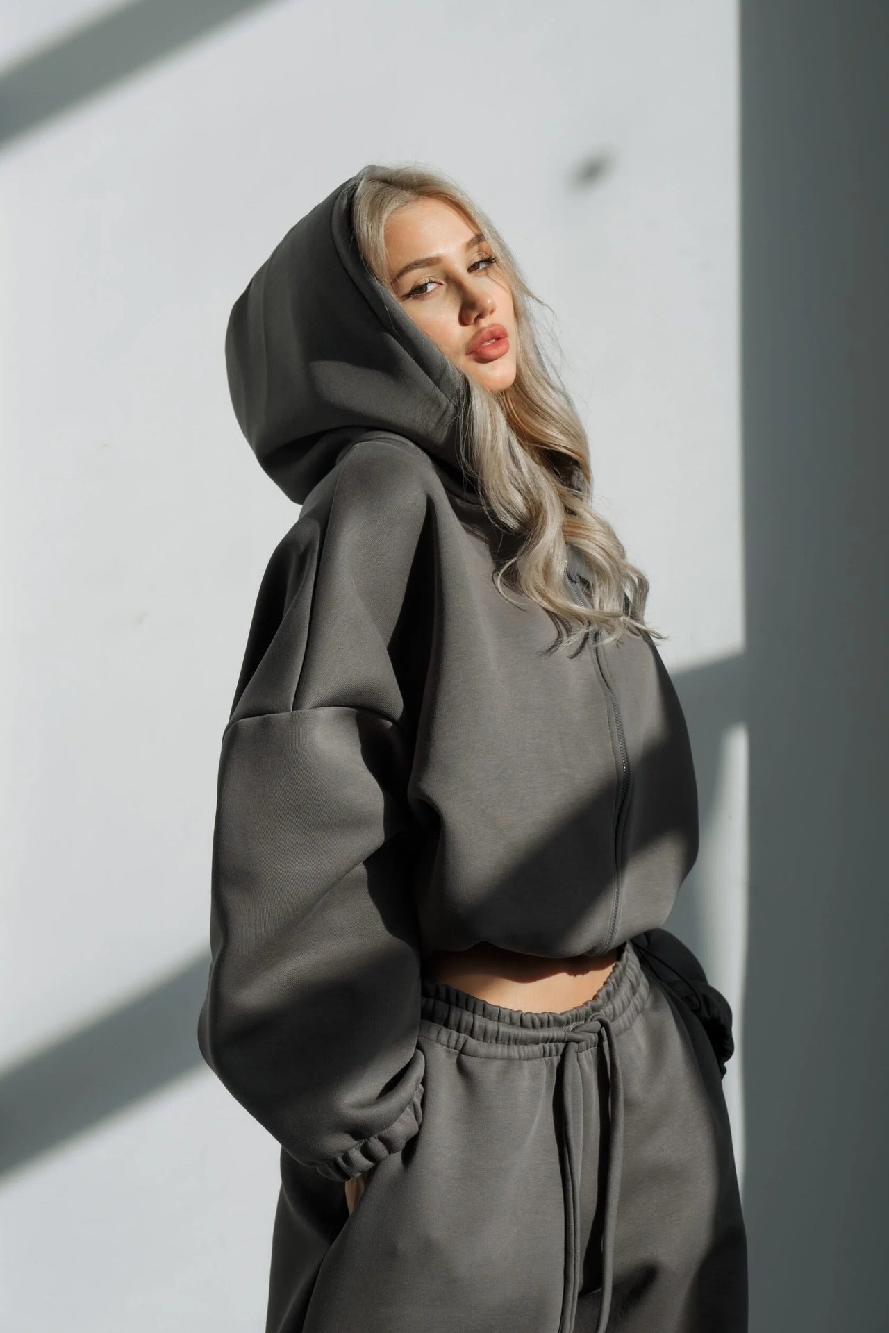 Damen Cropped Hoodie Lässig Elegant Grau