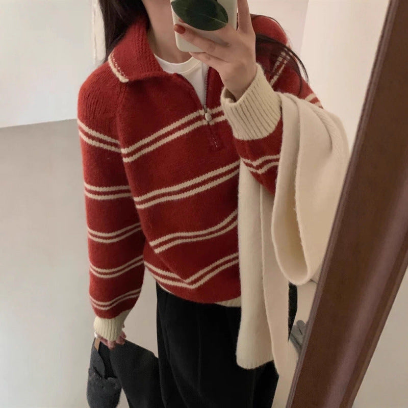 Damen Strickpullover Halbreißverschluss Gestreift Eveloria - Eveloria