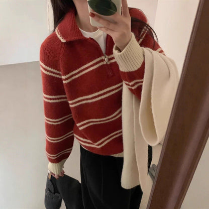 Damen Strickpullover Halbreißverschluss Gestreift Eveloria - Eveloria