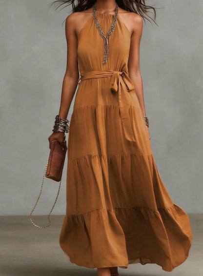 Damen Maxikleid Tiefes Rückendesign Taillengürtel Eveloria