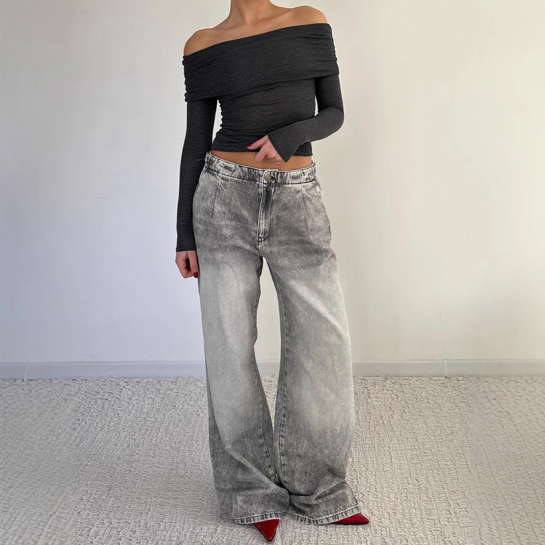 Damen Weite Jeans Lässig Blau Eveloria