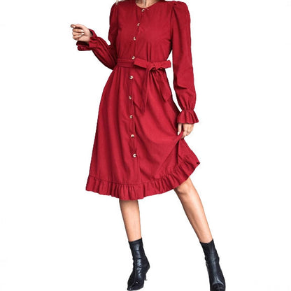 Damen Wickelkleid Langarm Knöpfe Tailliert Eveloria