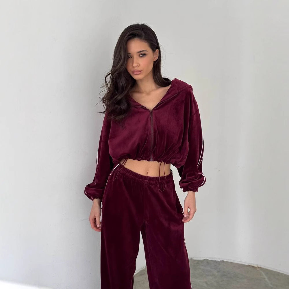 Damen Velours Loungewear Set Cropped Oberteil Weite Hose