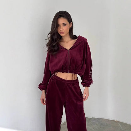 Damen Velours Loungewear Set Cropped Oberteil Weite Hose
