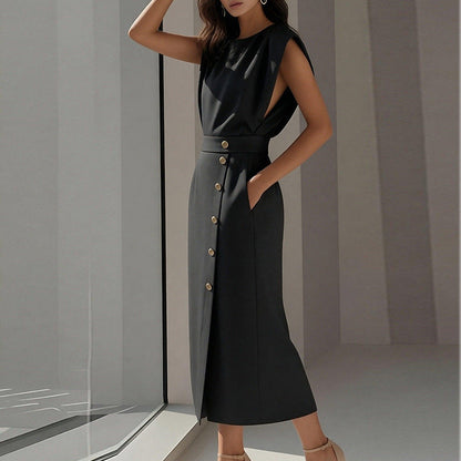 Damen Elegantes Midi-Kleid Knöpfe Seitenschlitz Eveloria