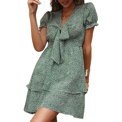 Damen Kurzarmkleid mit Rüschendetails und Schleifen Eveloria