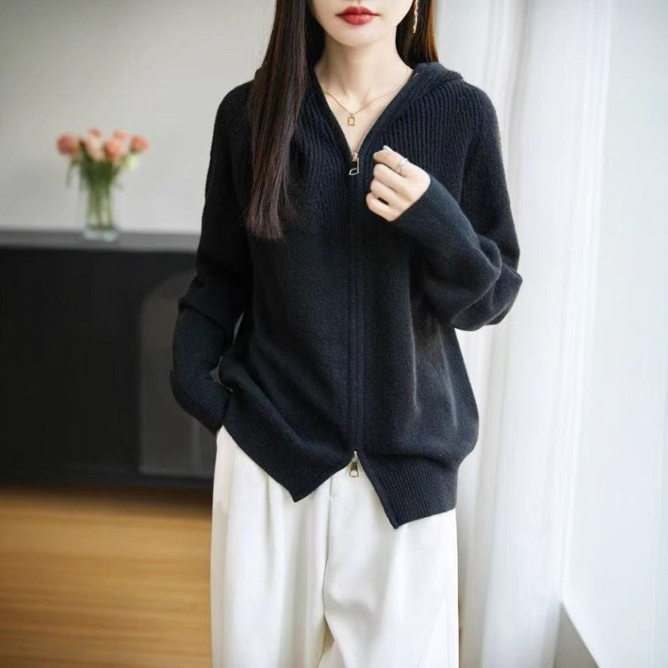 Damen Kapuzenjacke Rippstrick Eleganter Reißverschluss