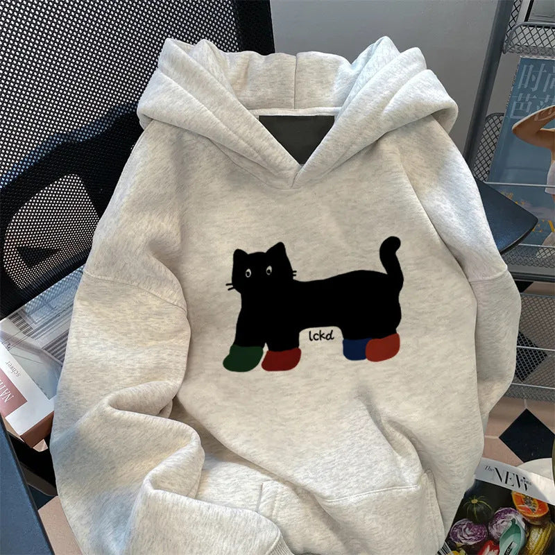 Damen Kapuzenpullover Weit Katzenmotiv Eveloria