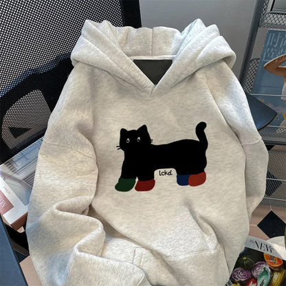 Damen Kapuzenpullover Weit Katzenmotiv Eveloria