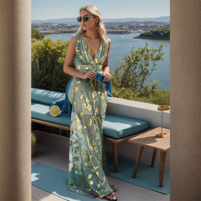 Damen Maxi-Kleid Hippie-Stil Baumwolle Gold Blütenmuster