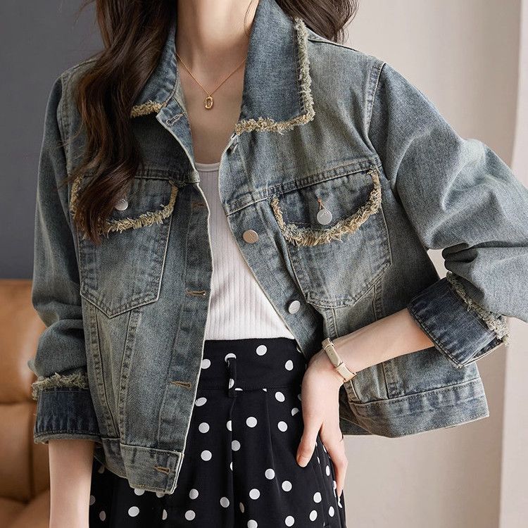 Damen Denimjacke Lässig Mit Fransen Blau