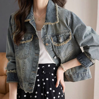 Damen Denimjacke Lässig Mit Fransen Blau