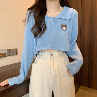 Damen Pullover Cropped Knopfverschluss Einhorn-Emblem