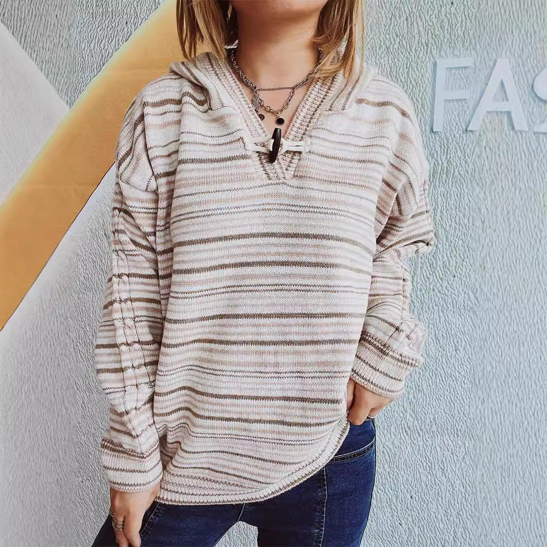 Damen Hoodie Streifen Breite Ärmel Kordelzug Weiss