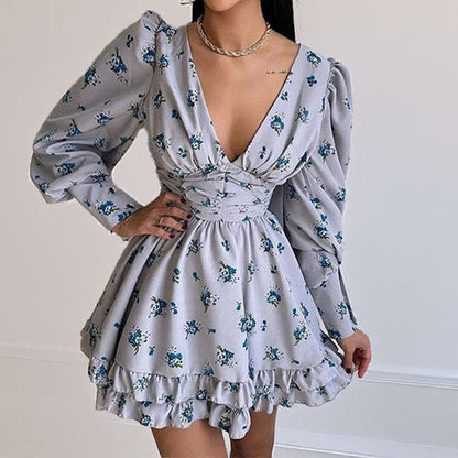 Damen Blumenkleid Voluminöse Ärmel Geraffter Rock Eveloria