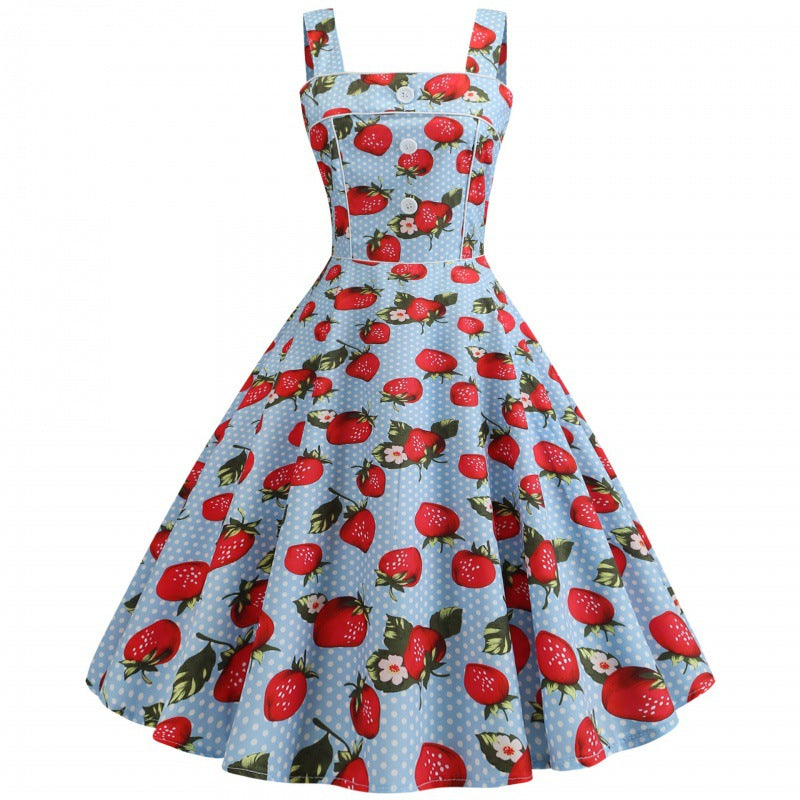Damen Swingkleid Erdbeerdesign Schwingender Rock