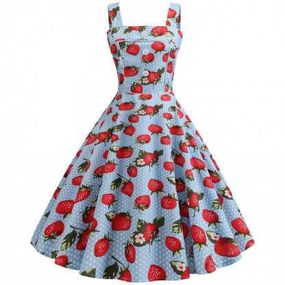 Damen Swingkleid Erdbeerdesign Schwingender Rock