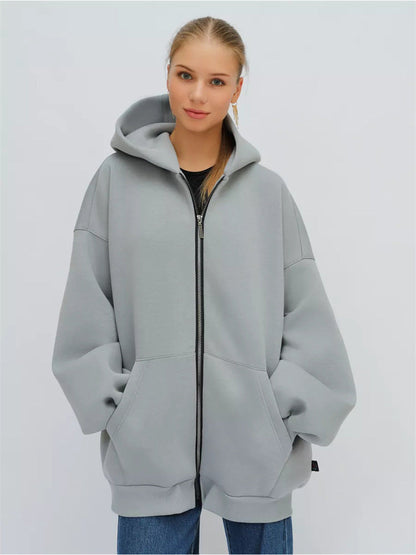 Damen Oversized Kapuzenjacke Hoch Bündchen Reißverschluss Eveloria