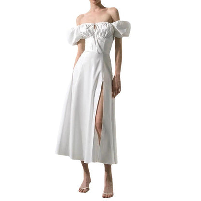 Damen Maxikleid Schulterfrei Puffärmel Eveloria