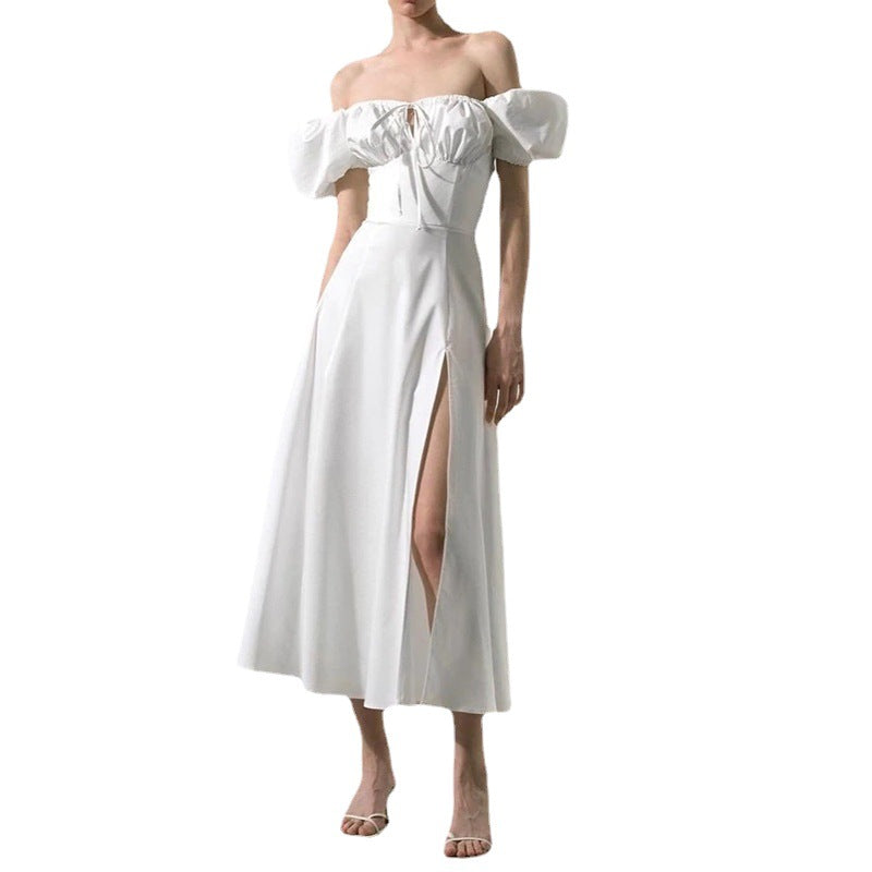 Damen Maxikleid Schulterfrei Voluminöse Puffärmel Eveloria