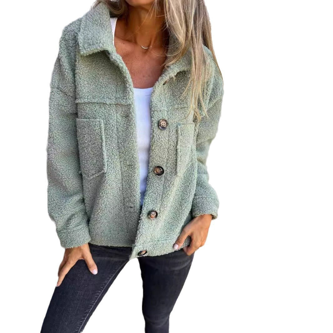 Damen Oversized-Jacke Flauschig mit Taschen und Knöpfen