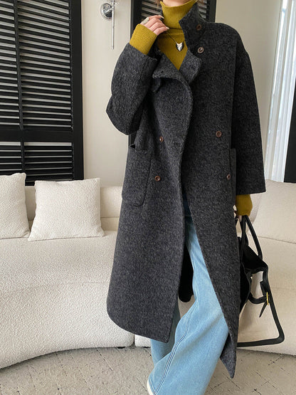 Damen Wollmantel Elegant Doppelter Knopfleiste Taillengürtel