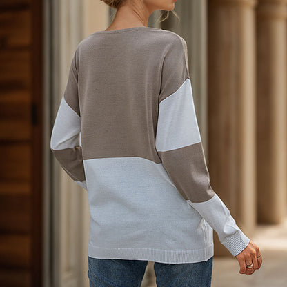 Damen Strickpullover Modernes Blockdesign Rundhals Beige