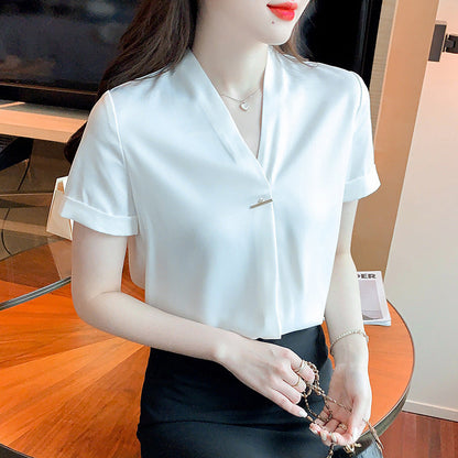 Damen Bluse V-Ausschnitt Knopfdetail Elegante Bluse Weiße Bluse