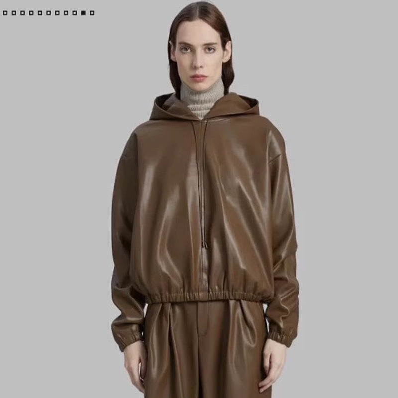 Damen Kunstlederjacke mit Kapuze Schwarz Eveloria - Eveloria
