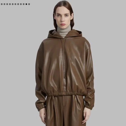 Damen Kunstlederjacke mit Kapuze Schwarz Eveloria - Eveloria