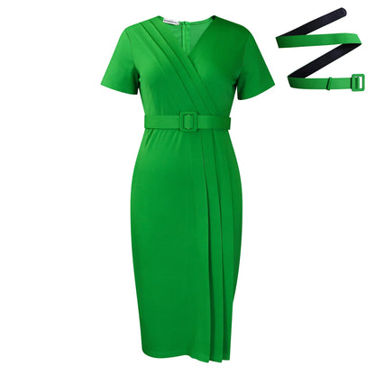 Damen Midi-Kleid Asymmetrisch Wickeldesign Gürtel Eveloria