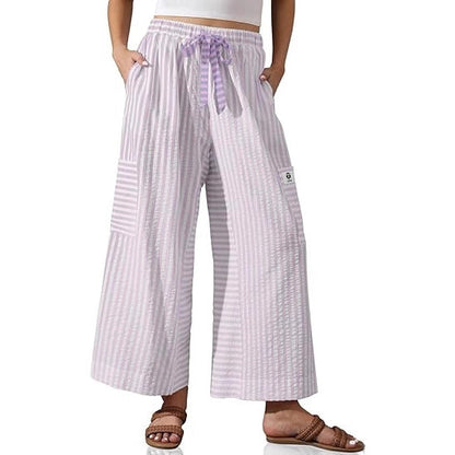 Damen Palazzo-Hose Gestreift Bequem Mit Taschen weiß